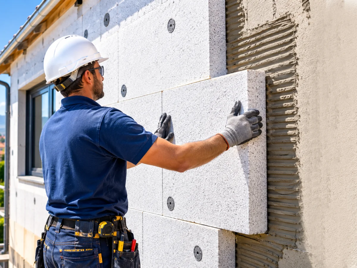 Trabajador instalando aislamiento en una fachada